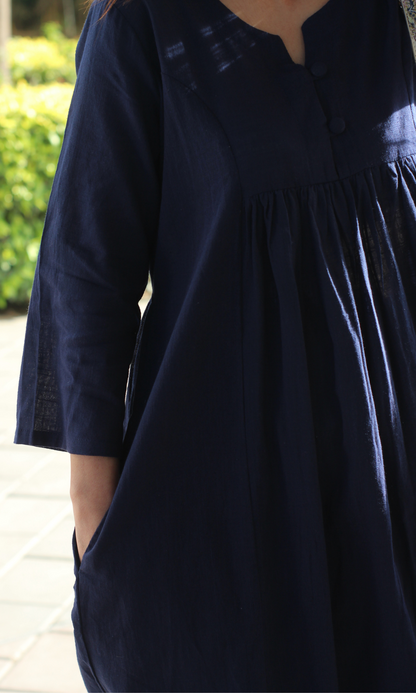 Baareeki Cotton Slub Pleated Navy Blue Co-ord Set