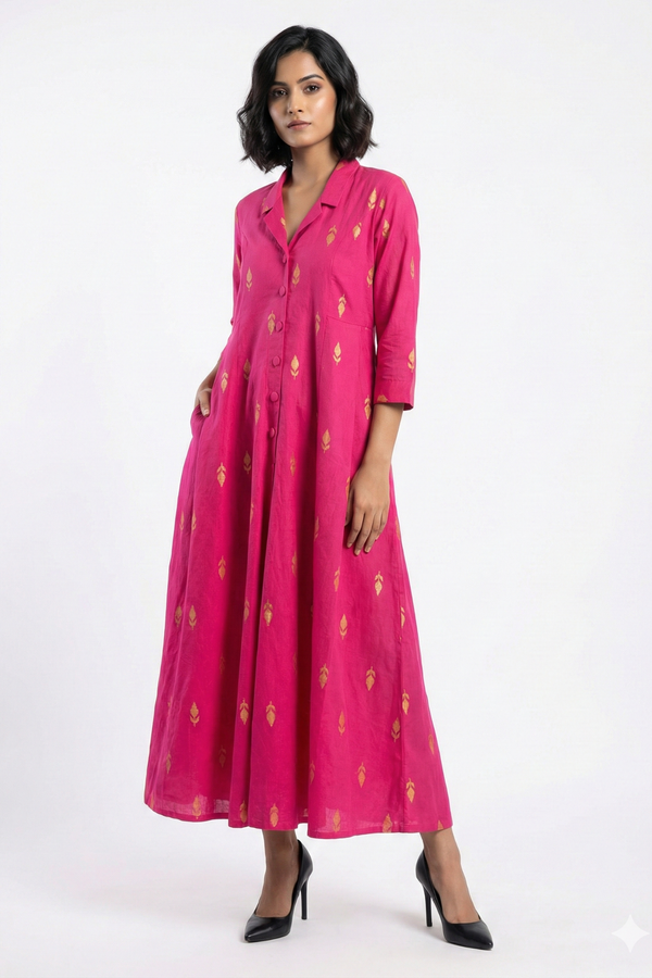 Petal Gold Motifs Cotton Jumpsuit with Pockets & Collar
