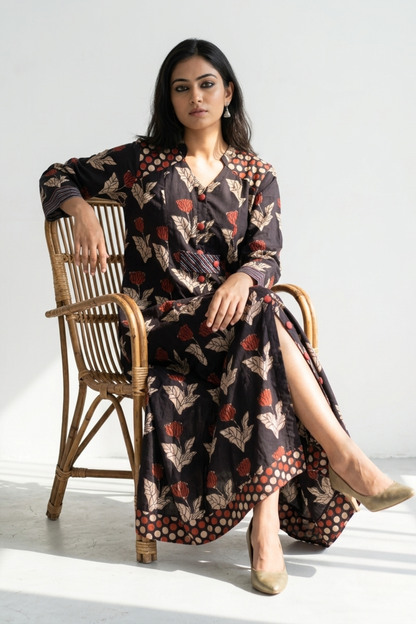 Midnight Rust Bloom Cotton Long Button Down Dress