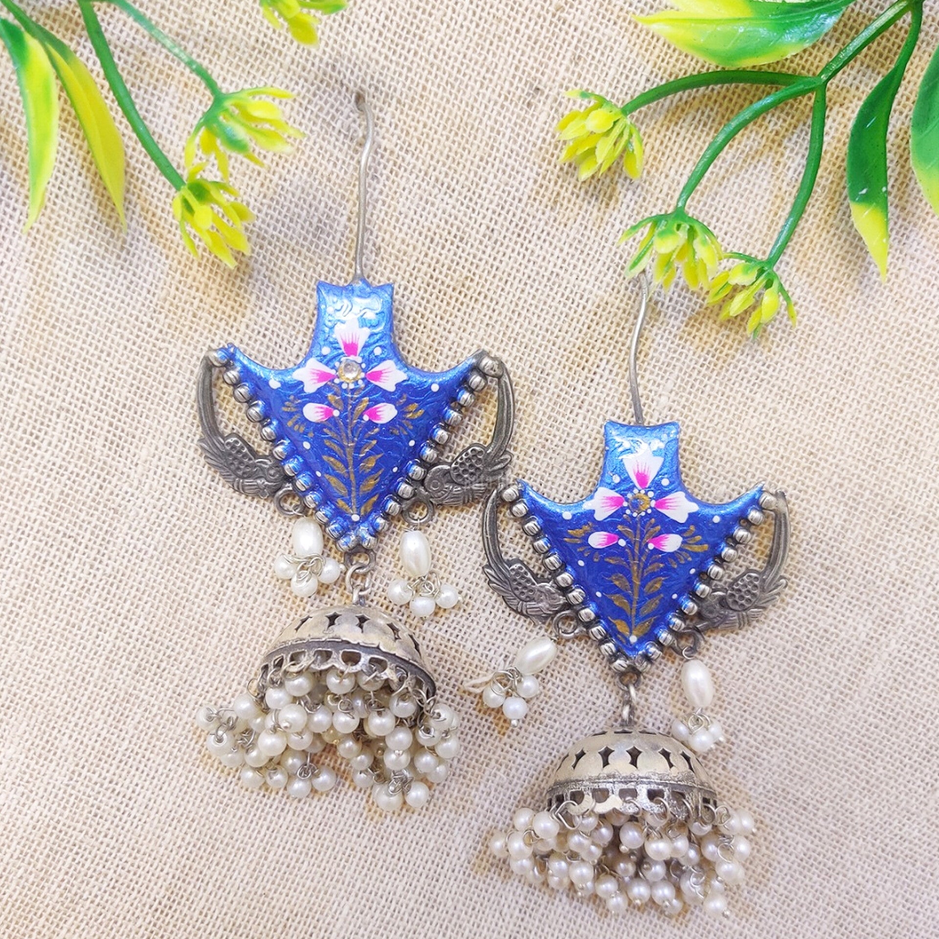 Printed blue Jhumka Earring with white pearl beads