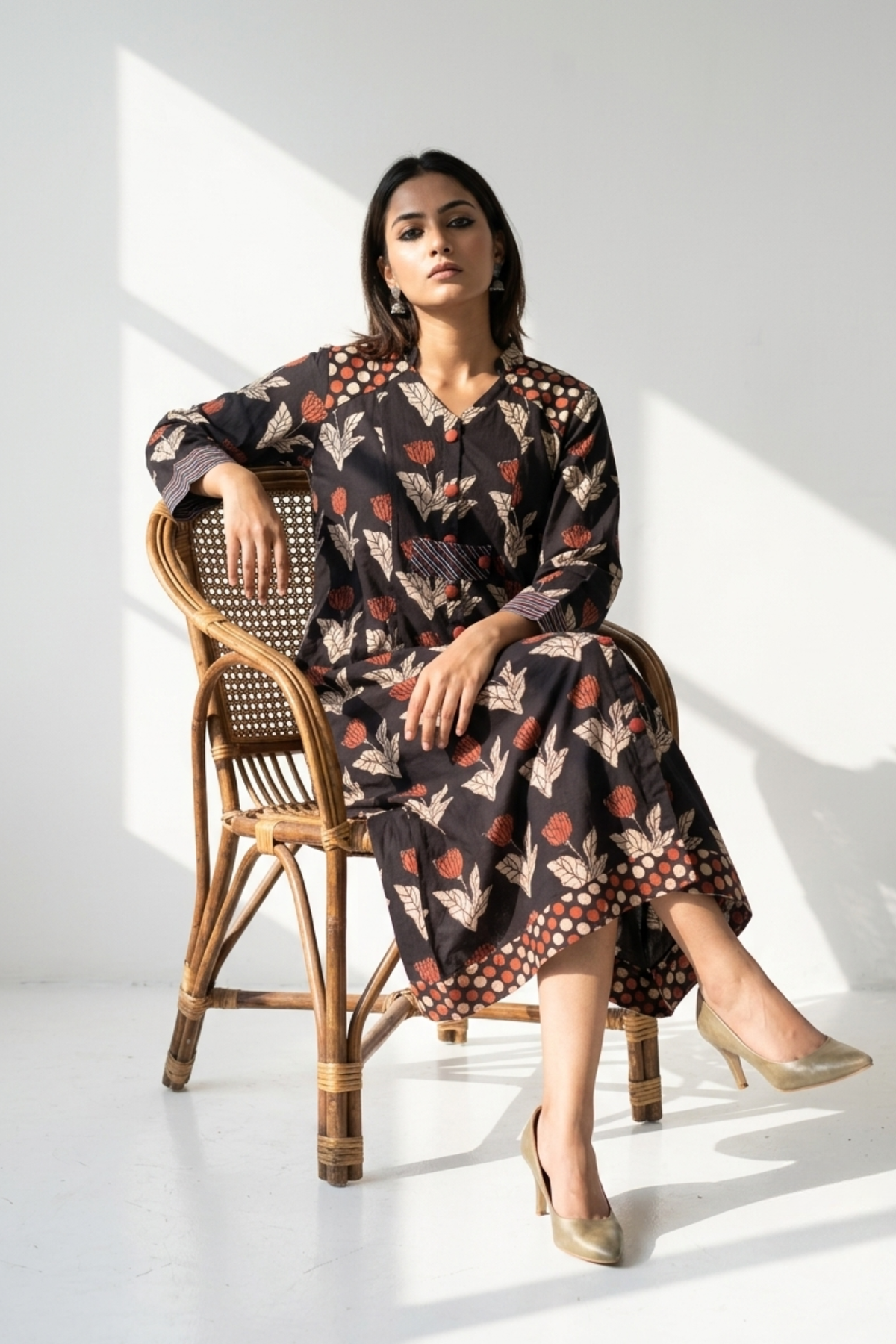 Midnight Rust Bloom Cotton Long Button Down Dress