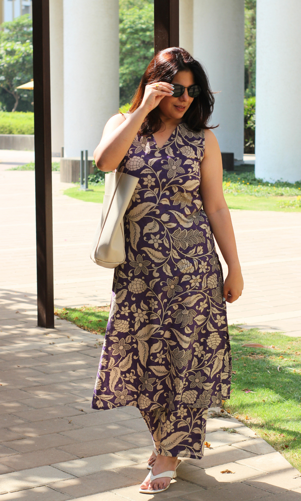 Baareeki Cotton Handblock Purple Kalamkari phool print A line Kurta & Pants