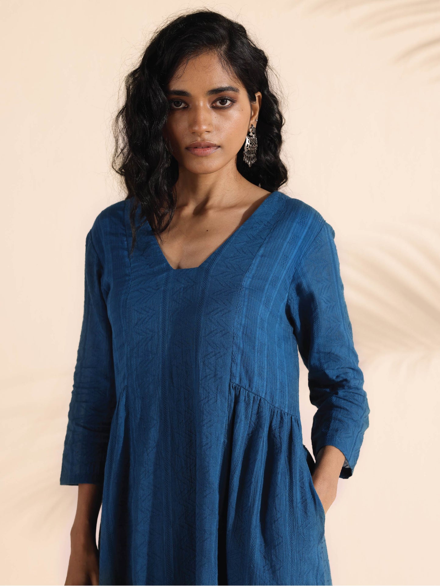 trueBrowns Blue Cotton Dobby Flared Kurta Pant Set