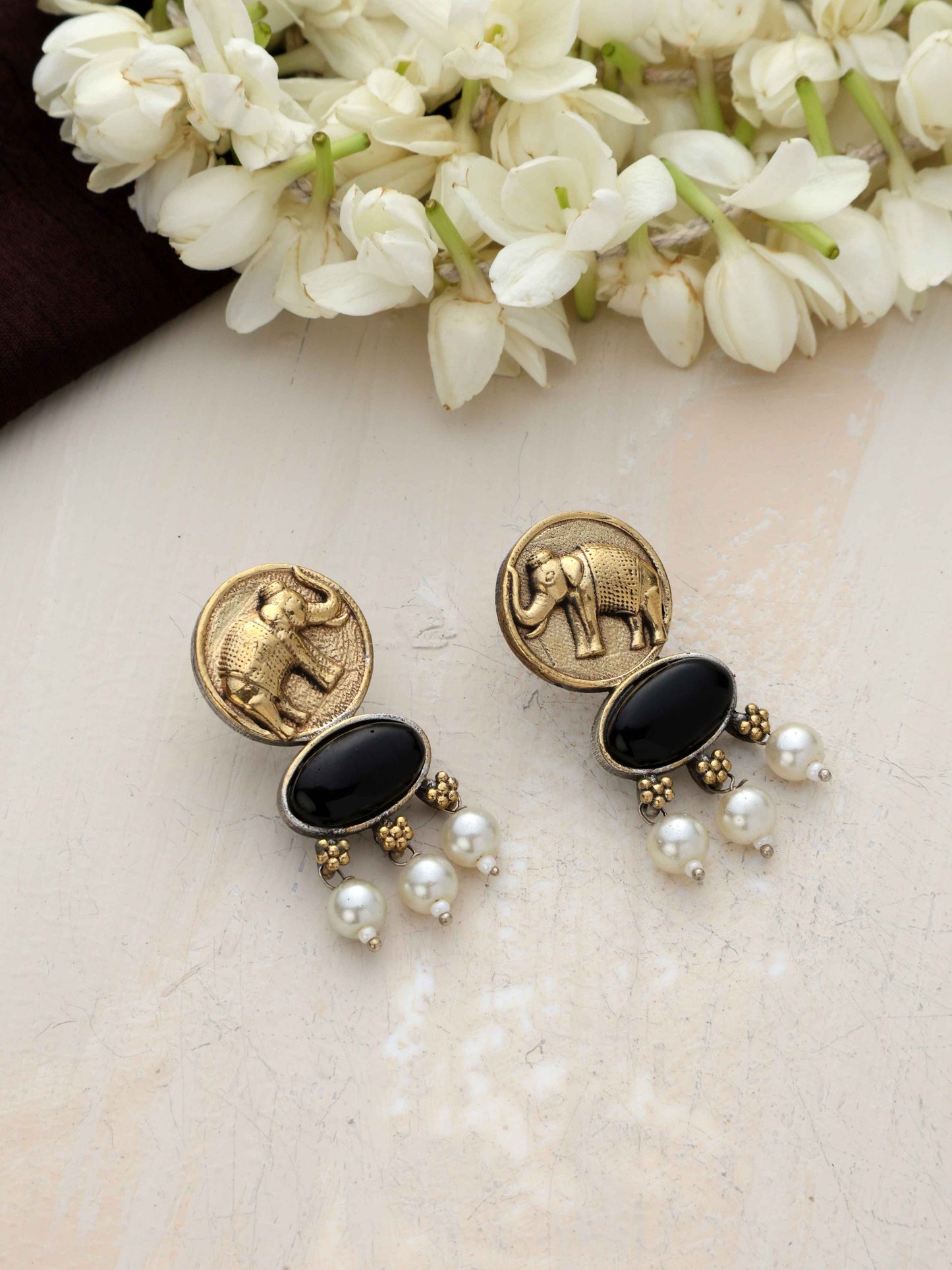 trueBrowns Gold Elephant Embossed Dangle Earrings