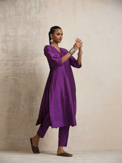 trueBrowns Purple Silk High Slit Kurta Set