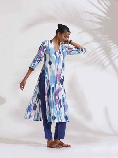 trueBrowns Blue Ikat Print Muslin Kurta Set