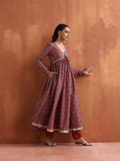 trueBrowns Rust Ajrak Print Flared Anarkali Kurta Set