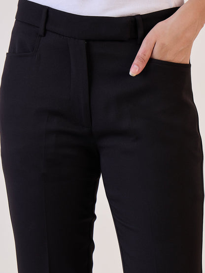 Slim Fit Mid Waist Stretch Pants- Black