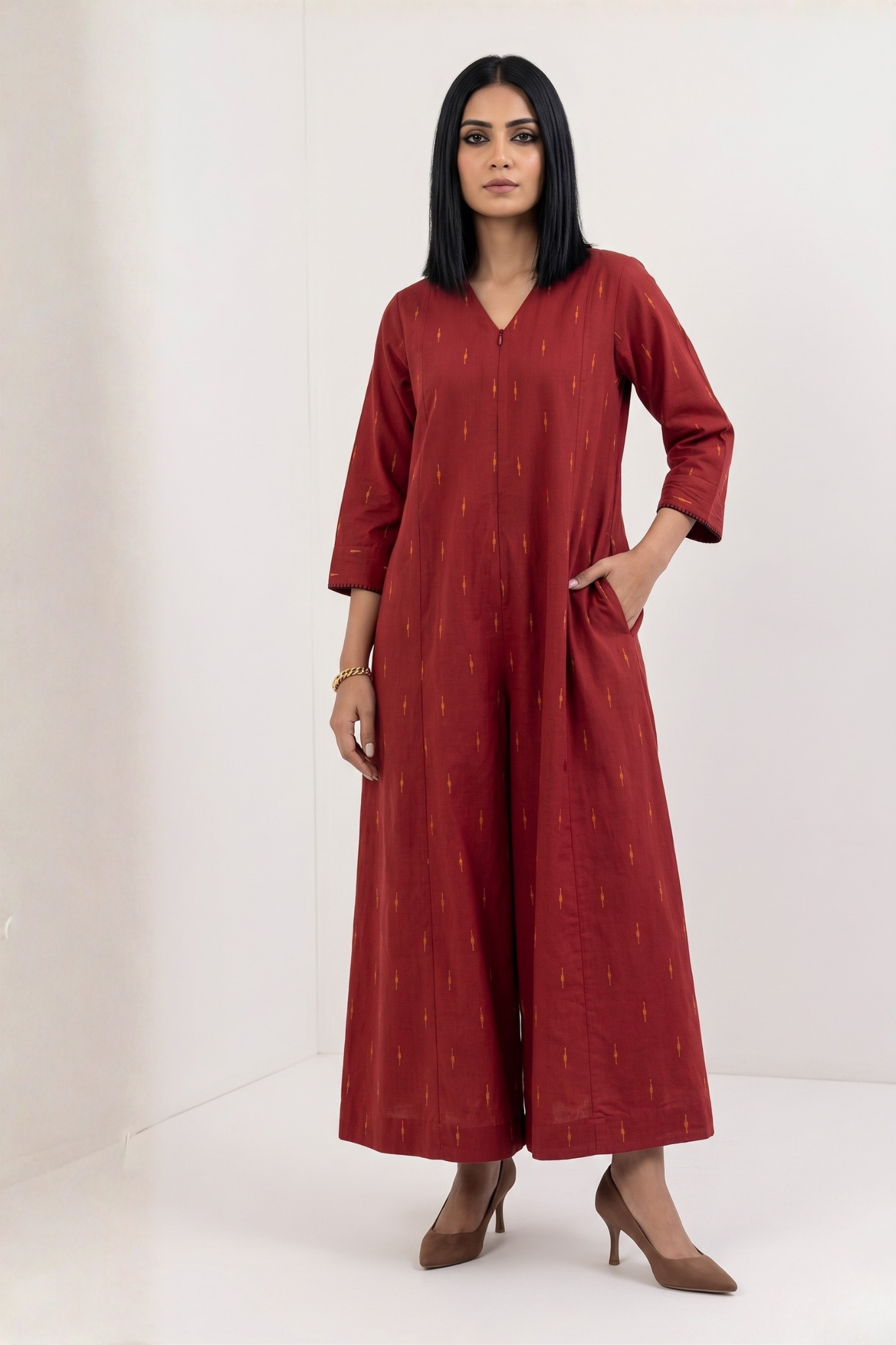 Sunlit Terracotta Cotton Front Zipper Cotton Jumpsuit With Pockets & Sleeves