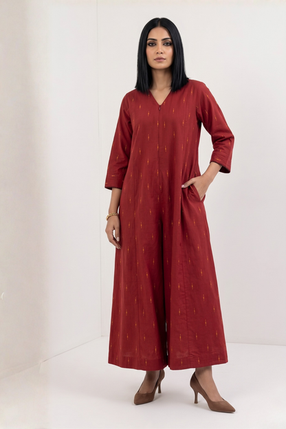 Sunlit Terracotta Cotton Front Zipper Cotton Jumpsuit With Pockets & Sleeves