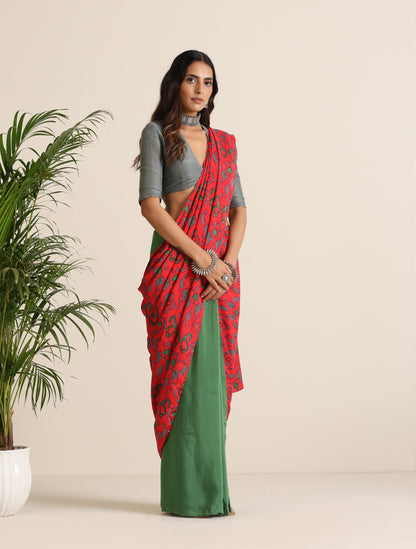 trueBrowns Red Muslin Ikat Ready to Wear Saree