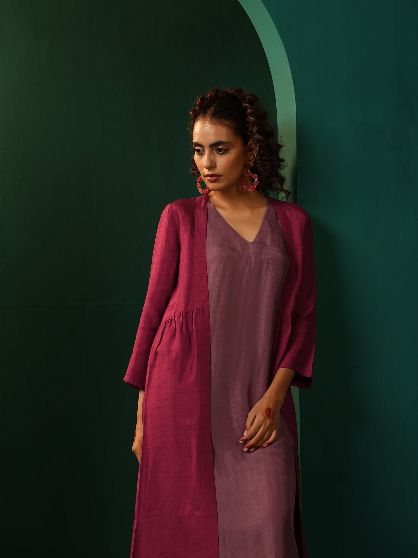 trueBrowns Maroon Light Mauve Silk Jacket Kurta Set