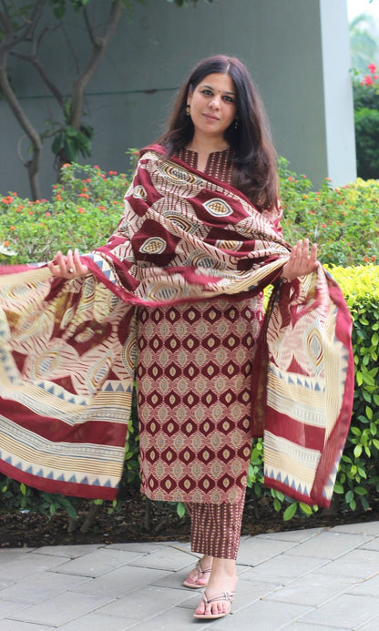 Baareeki Cotton Maroon Ajrakh Print Suit with Mul Printed Dupatta