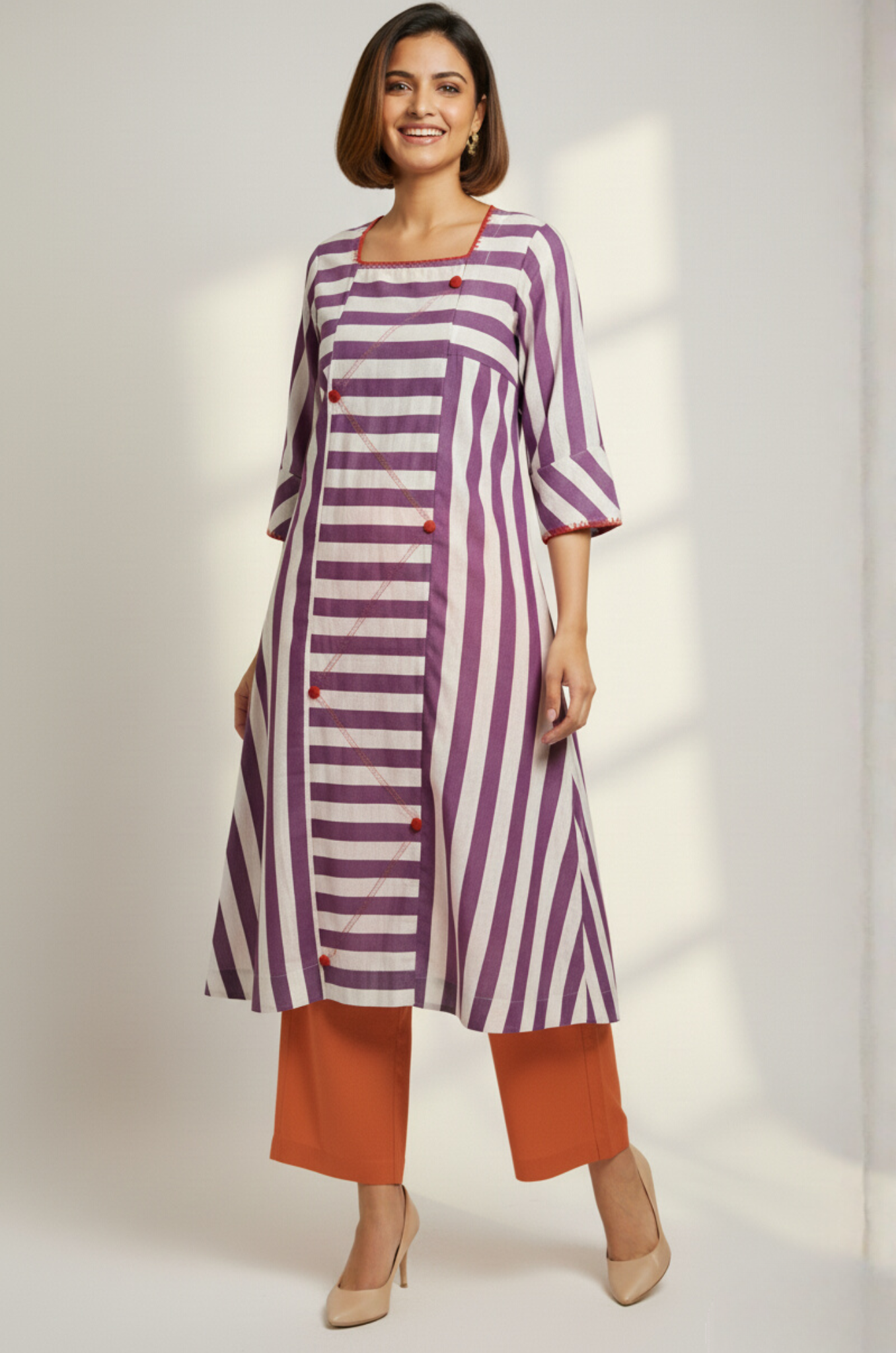 Maati  Lavender Stride Cotton Square Neck Panelled Long Kurta