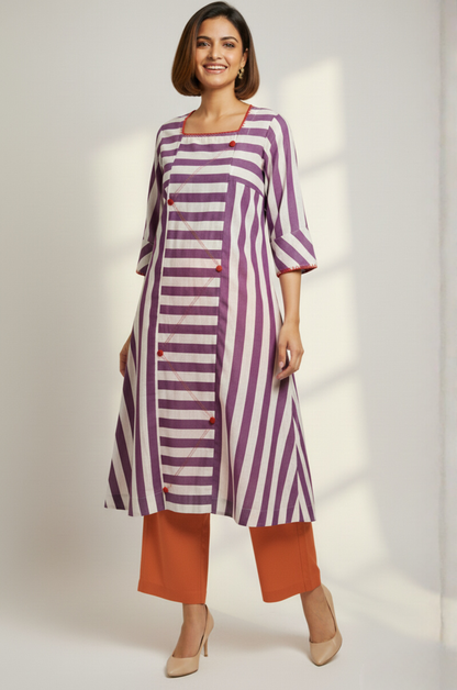 Maati  Lavender Stride Cotton Square Neck Panelled Long Kurta