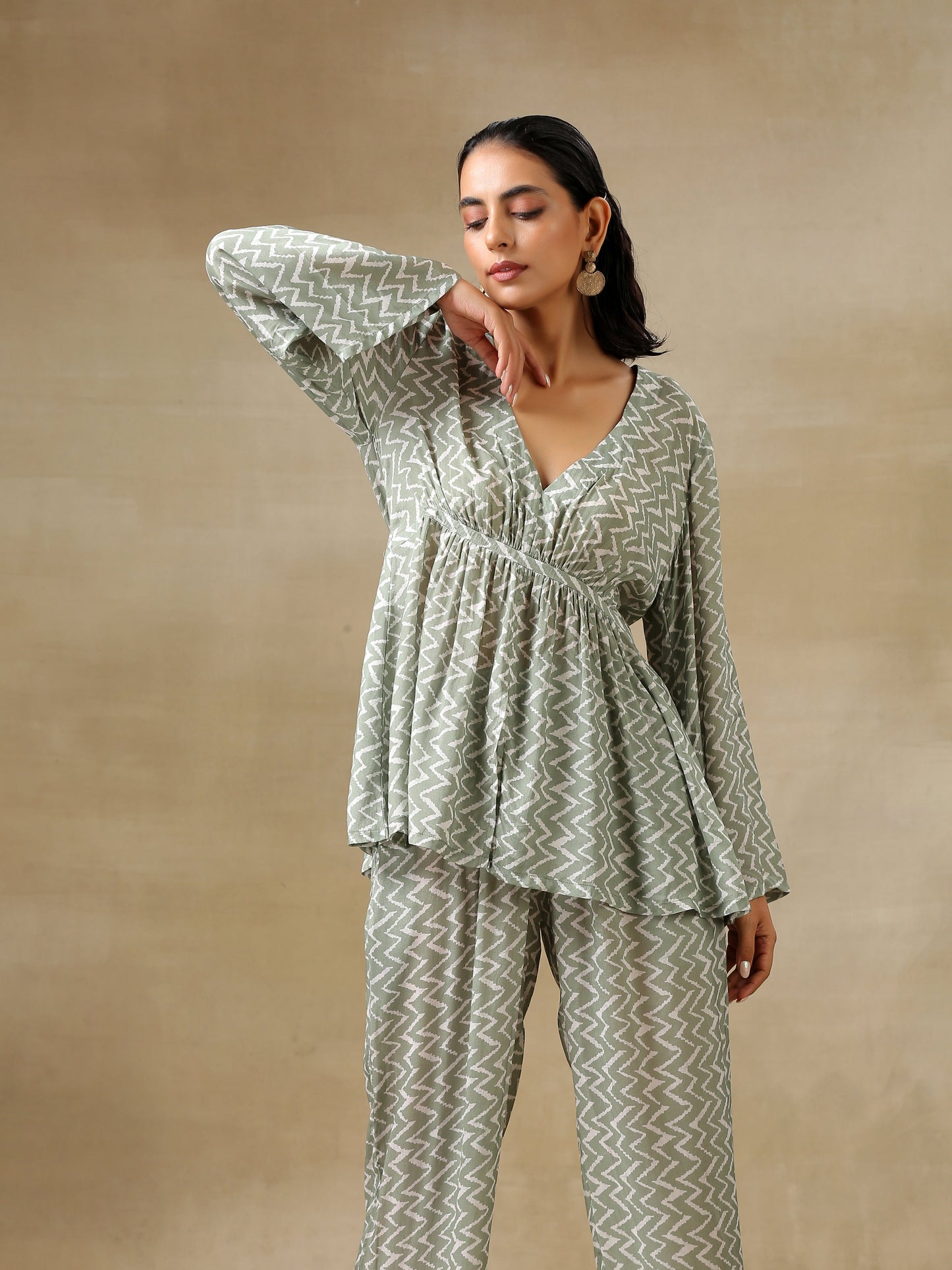 Light Green Bandhani Printed Silk V-Neck Co-Ord Set