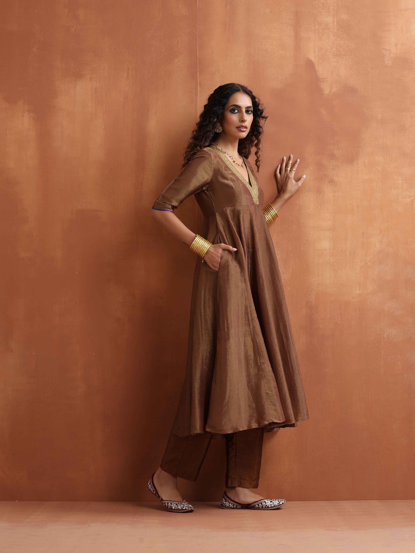 trueBrowns Bronze Tissue Flared Anarkali Kurta Set