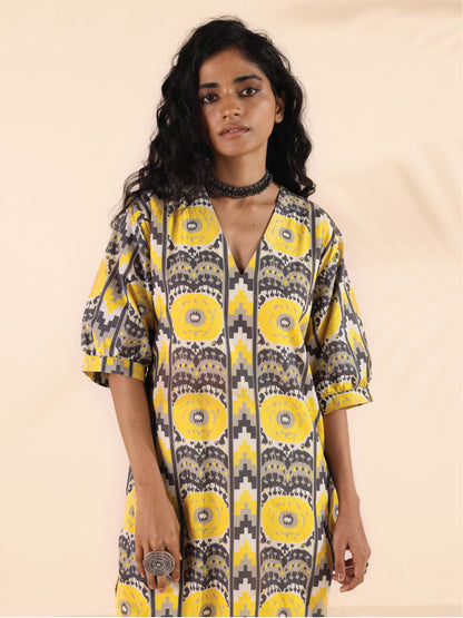 trueBrowns Yellow Cotton Ikat Slit Dress