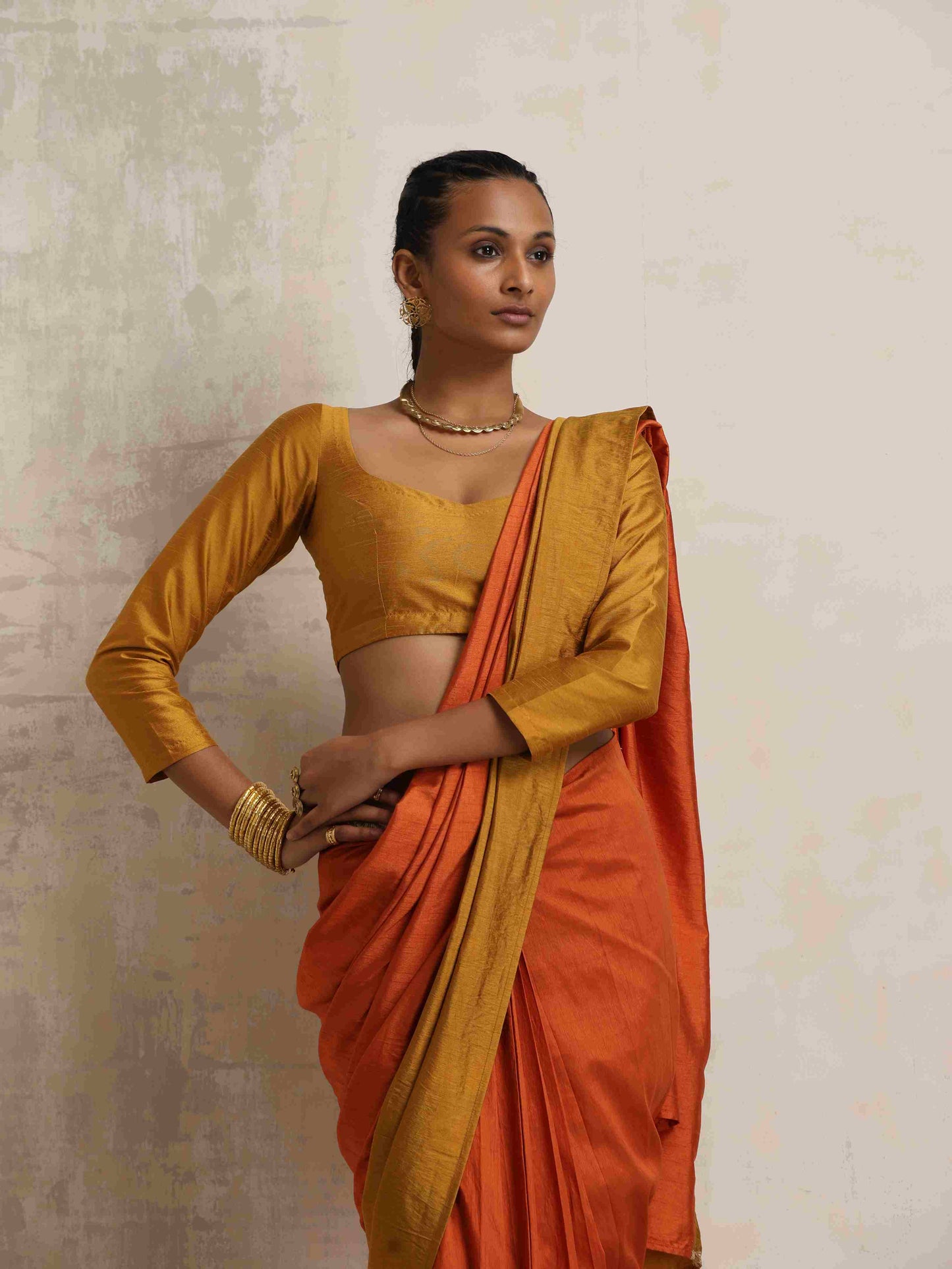 trueBrowns Orange Silk Ready To Wear Saree