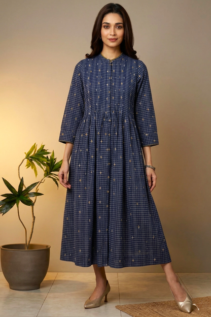 Moroccan Blue Butti Checks Cotton Infinity Pintuck Dress Mc