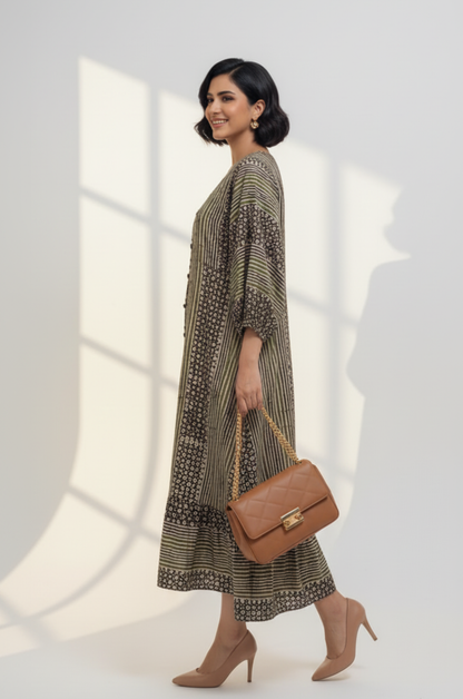 Maati  Olive Merlot Front Button Cotton Dress With Ruffle Border