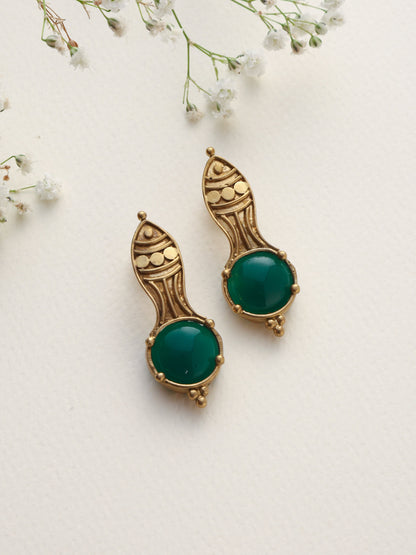 trueBrowns Brass Green Stone Abstarct Earrings