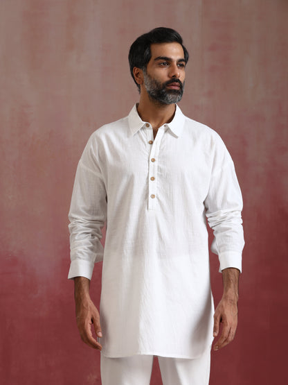 trueBrowns Men's White Cotton Shirt Collar Stylized Kurta Co-ord set