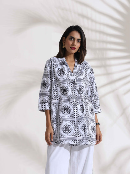 trueBrowns White Cotton Print Jacket Co-ord Set