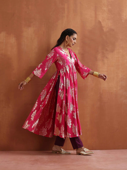 trueBrowns Pink Metallic Flared Anarkali Kurta Set
