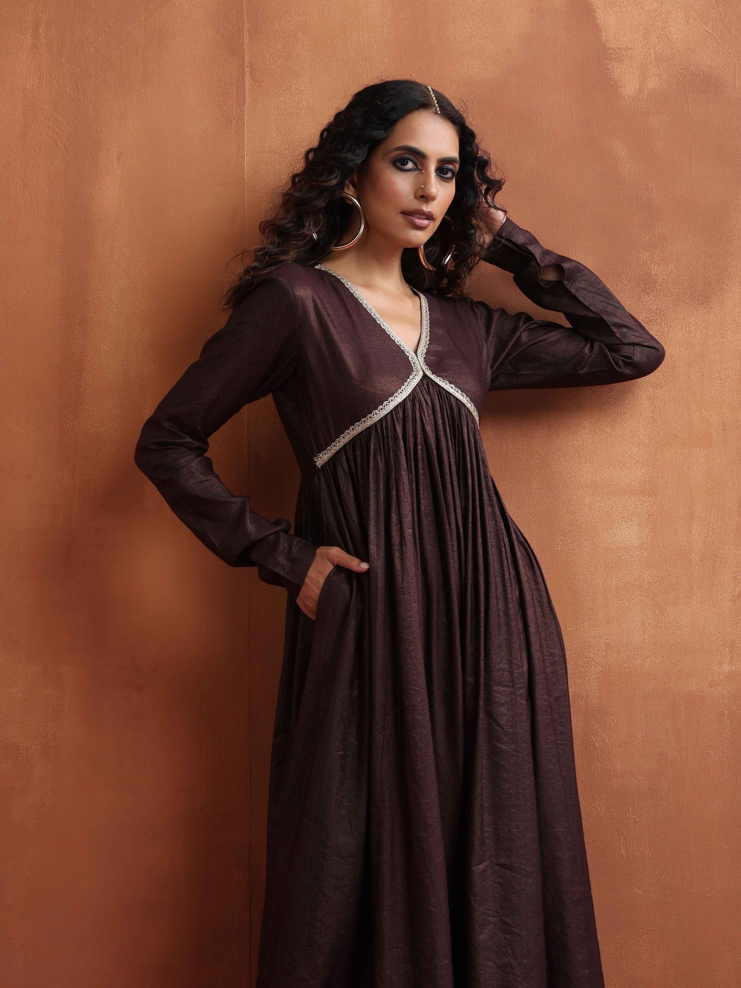 trueBrowns Brown Metallic Flared Anarkali Kurta Set