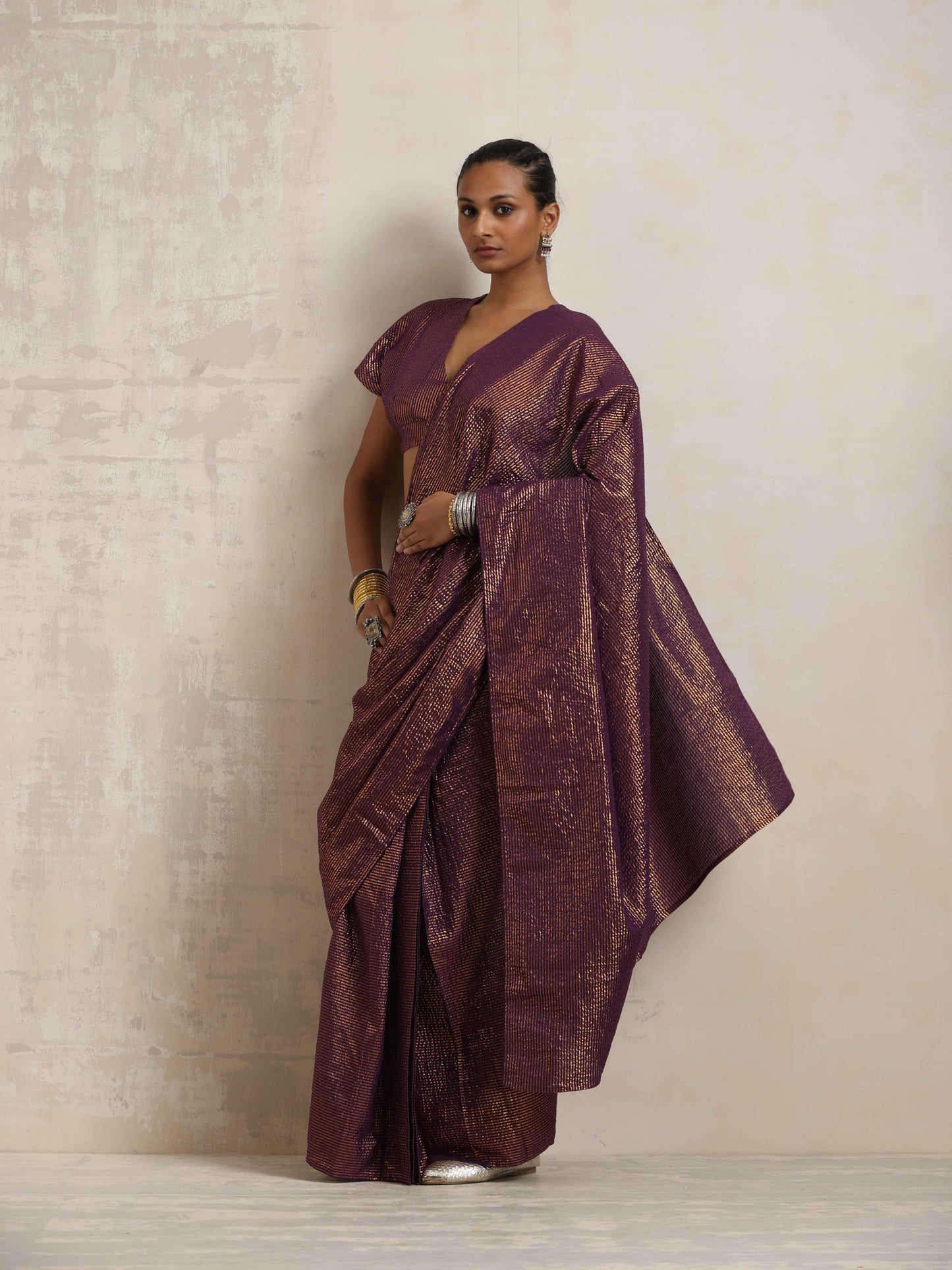 trueBrowns Purple Gold Metallic Ready To Wear Saree