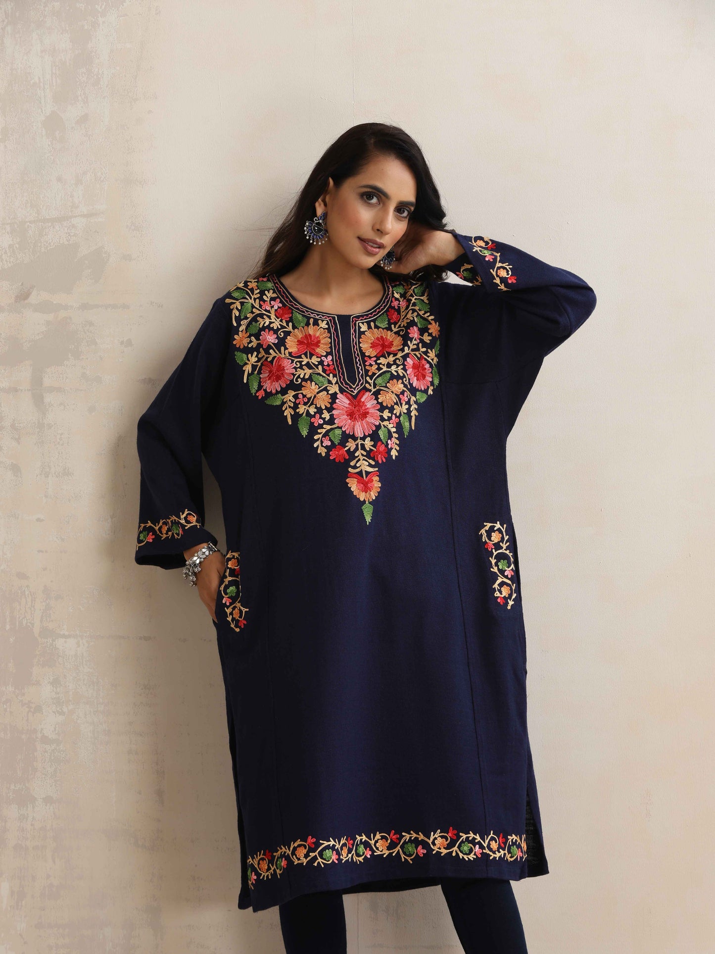 trueBrowns Blue Floral Embroidered Woollen Phiran Kurta