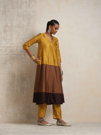 trueBrowns Gold Brown Silk A-line Kurta Set