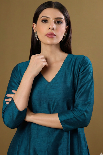 Maati Peacock Plush Luxe Silk Slub Long Maxi Dress With Sleeves