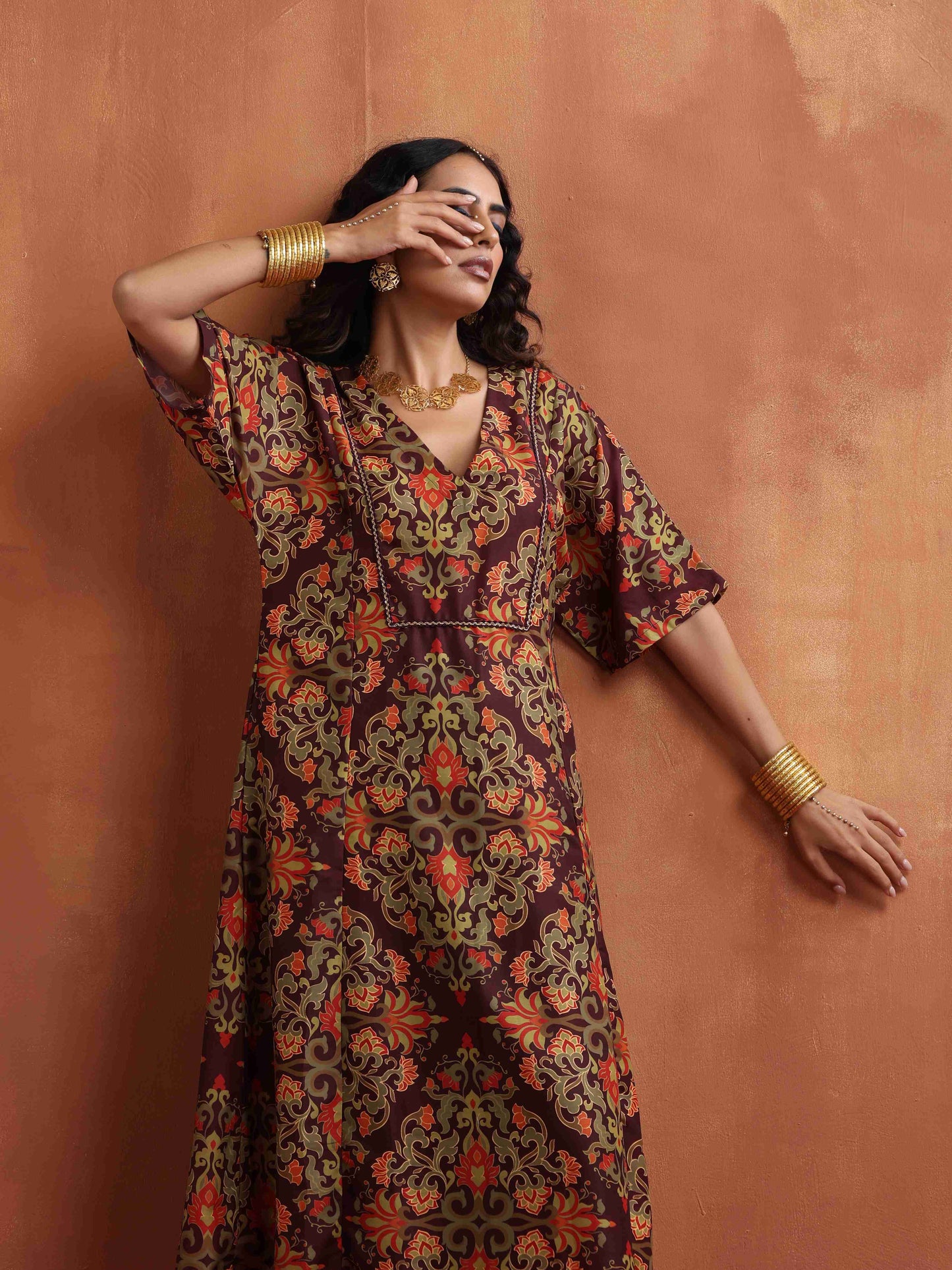 trueBrowns Brown Floral Print Kaftan Kurta Set