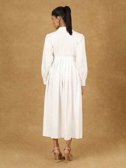 White Solid Notched Collar Midi Dress