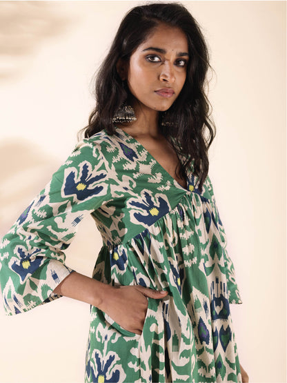 trueBrowns Green Cotton Ikat Flared Kurta Pant Set
