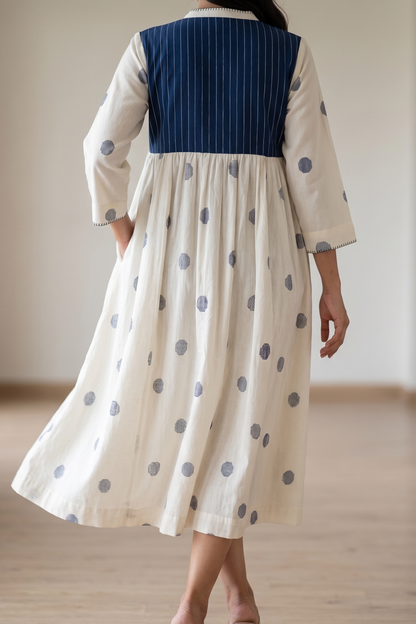 Ivory And Ocean Pebbles Pintuck Yoke Dress