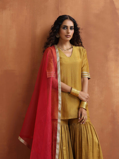 trueBrowns Gold Tissue Sharara Dupatta Set