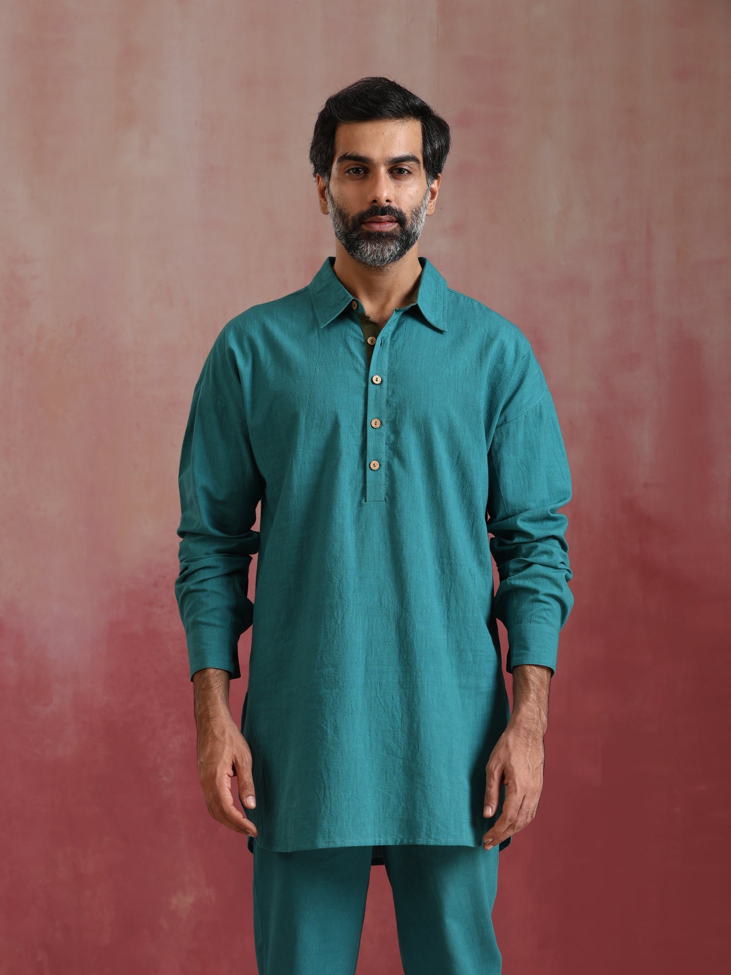 trueBrowns Men's Teal  Cotton Shirt Collar Stylized Kurta Co-ord set