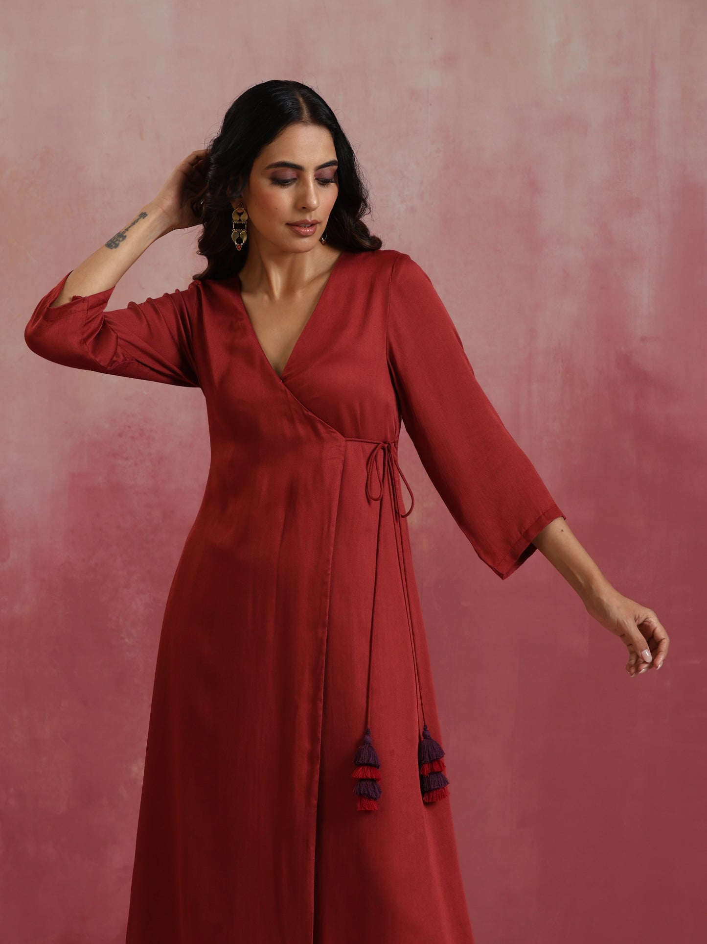 trueBrowns Maroon Modal Angrakha Kurta Set