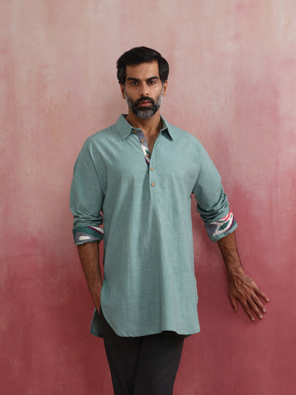 trueBrowns Men's  Aqua Blue Cotton Shirt Collar Stylized Kurta