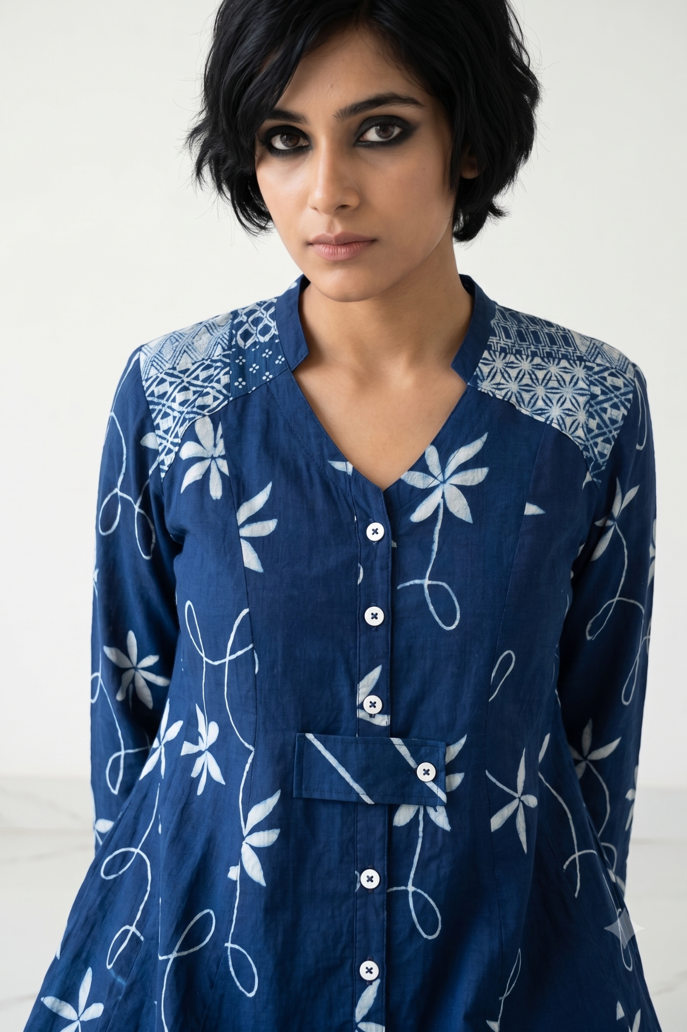 Indigo Vine Trail Cotton Long Button Down Dress