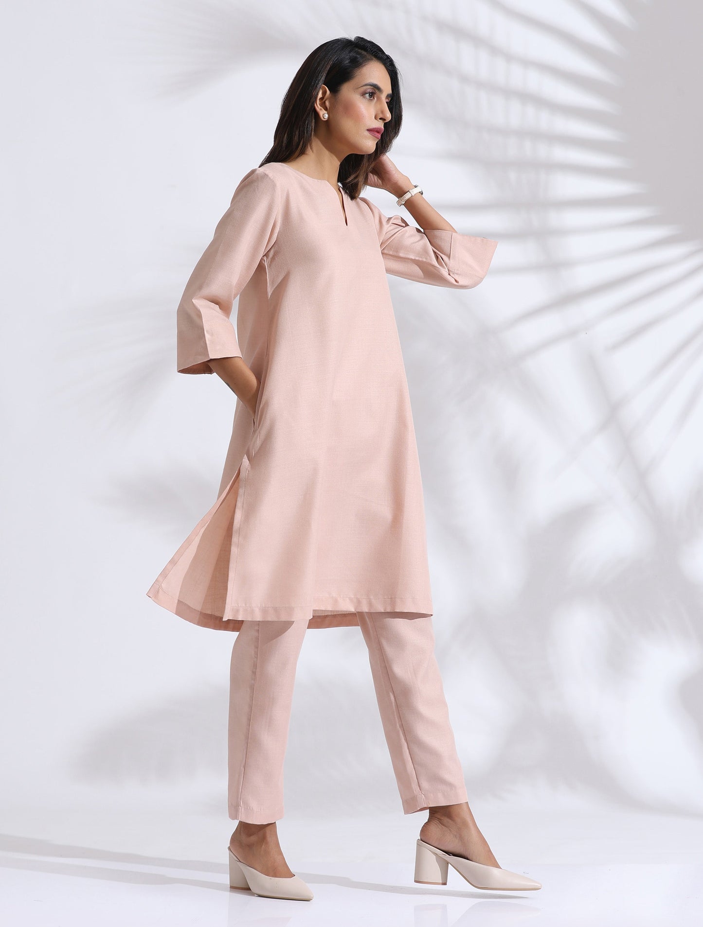 trueBrowns Light Pink Slub Kurta Co-ord Set
