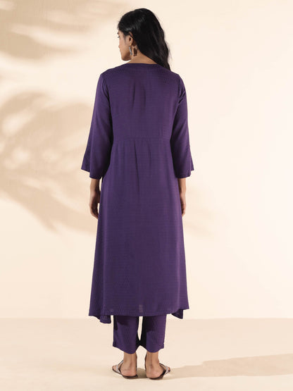 trueBrowns Purple Viscose Dobby Slit Kurta Pant Set