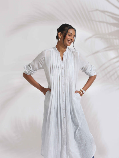 trueBrowns White Cotton Stripe Pleated Shirt Kurta Set