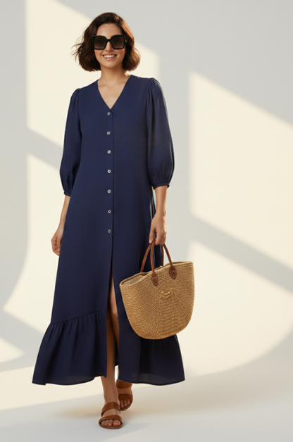 Maati  Cosmic Violet Front Button Cotton Dress With Ruffle Border