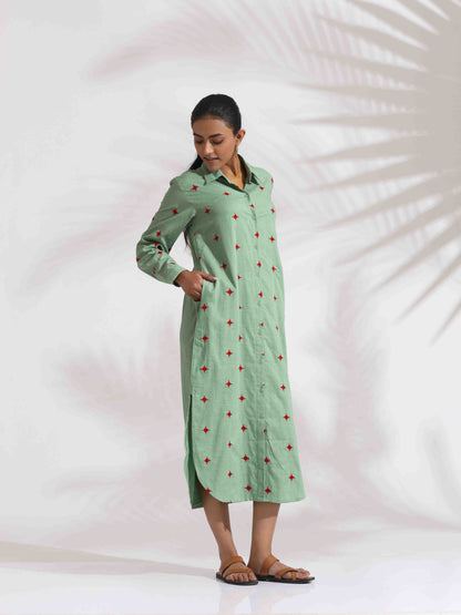 trueBrowns Green Cotton Embroidered Shirt Dress