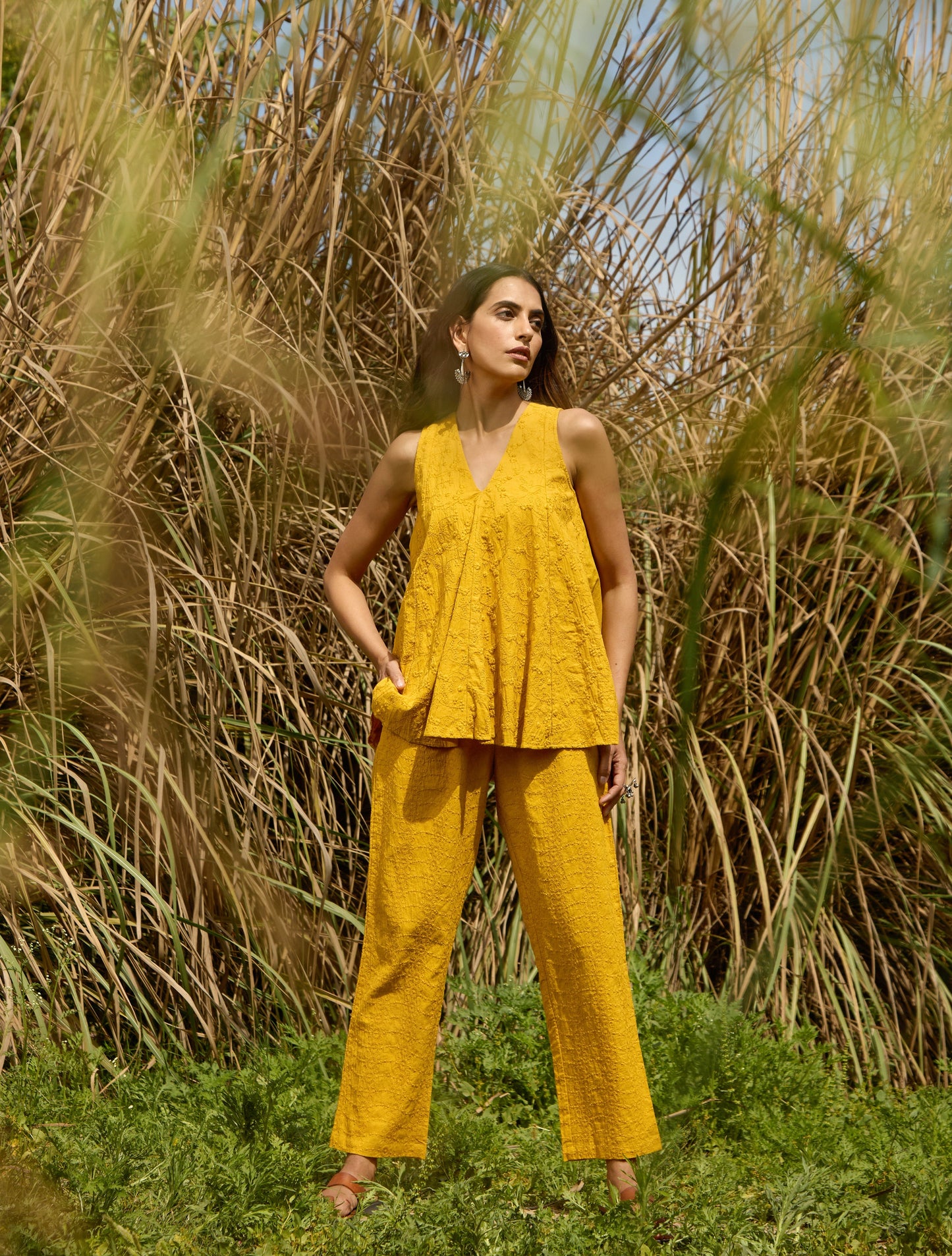 trueBrowns Mustard Cotton Embroidered Flared Co-ord Set