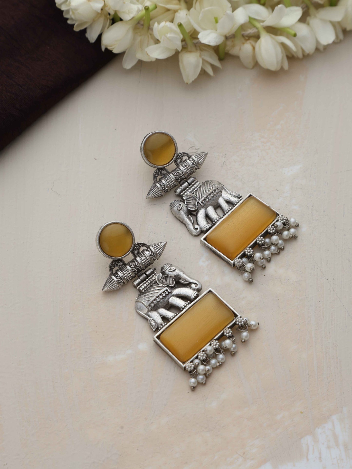 trueBrowns Silver Tone Yellow Stone Earrings